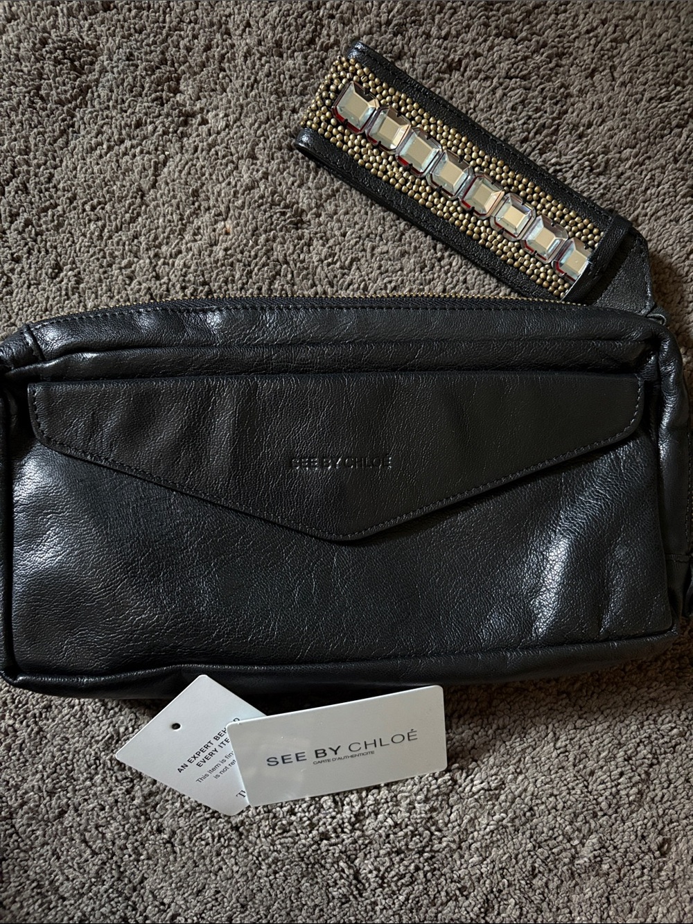 See By Chloé Black Leather Envelope Crossbody with Studded Strap